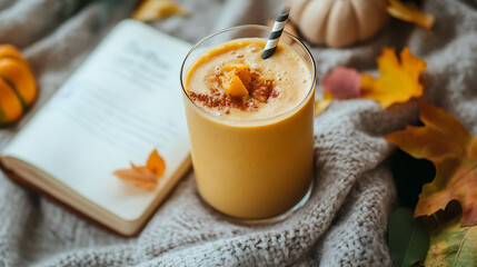 A sweet potato milkshake on soft flannel blanket next to a journal and autumn decor