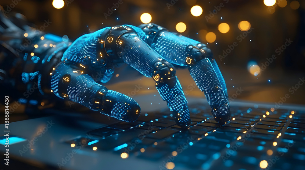 Poster robotic hand typing on keyboard with glowing lights, concept of artificial intelligence and digital 