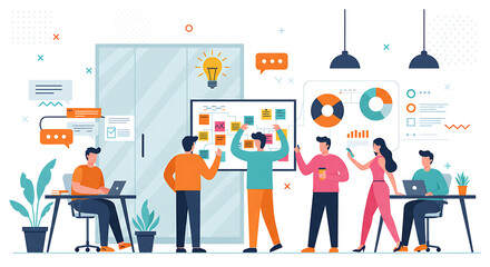 Brainstorming Session: A dynamic group of colleagues collaborates, exchanging ideas, and strategizing amidst a modern workspace, fueled by the energy of collective intelligence.