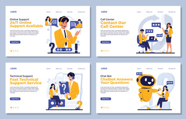 Set of Landing page template Customer support with chatbot chat bot, call center, and technical help service in modern flat illustration