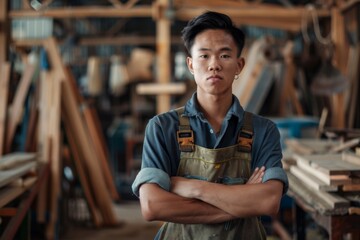 Obraz premium Portrait of a young asian male carpenter in shop