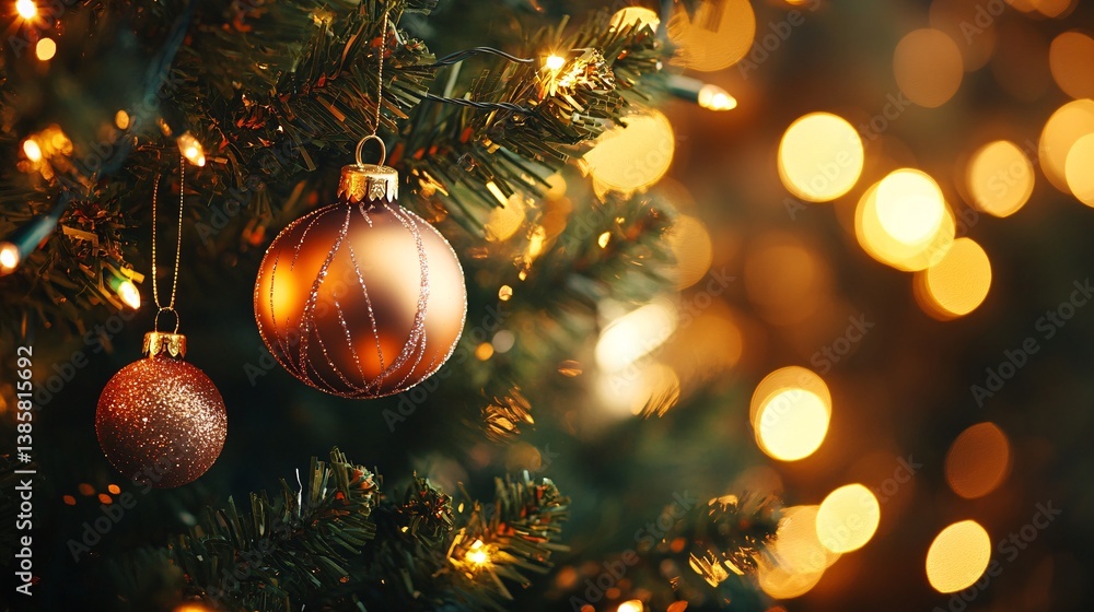 Poster christmas tree decorated with sparkling balls and lights creating a magical bokeh effect