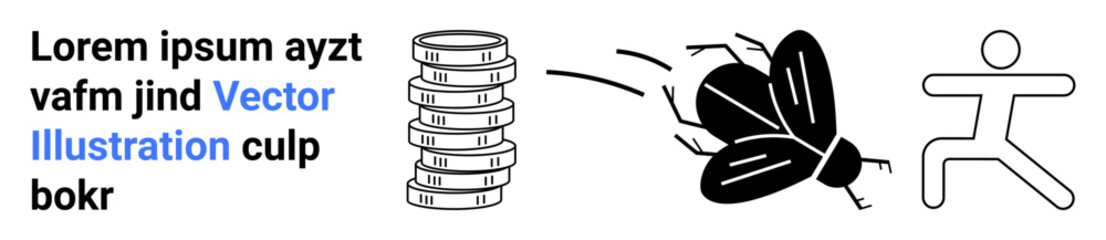 Stack of coins beside a flying insect chasing a person, symbolizing financial stress or fear. Ideal for risk management, investment, finance education, anxiety, challenges, problem-solving, simple