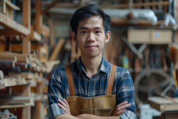 Obraz premium Portrait of a young asian male carpenter in shop