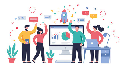 Teamwork and innovation: A vibrant illustration depicts a diverse group celebrating a successful project launch, symbolizing unity, creativity, and progress in the digital age. 