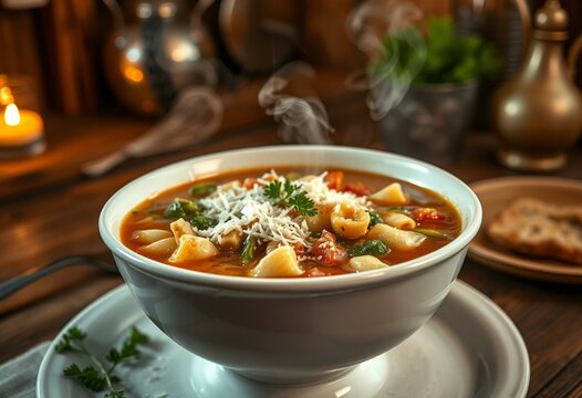 A warm and inviting bowl of Italian Wedding Soup with freshly grated Parmesan cheese and parsley