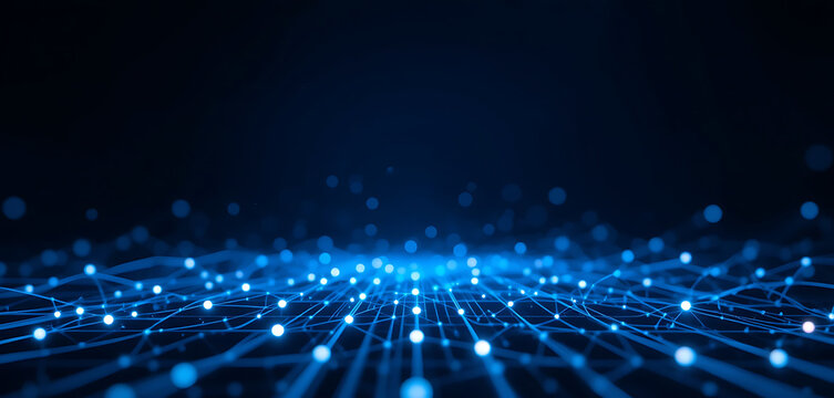 Abstract minimalist cyber protection lines in network style with glowing points in dark blue background, 