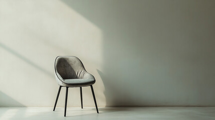 Empty chair with wrinkled cushion centered on pale b