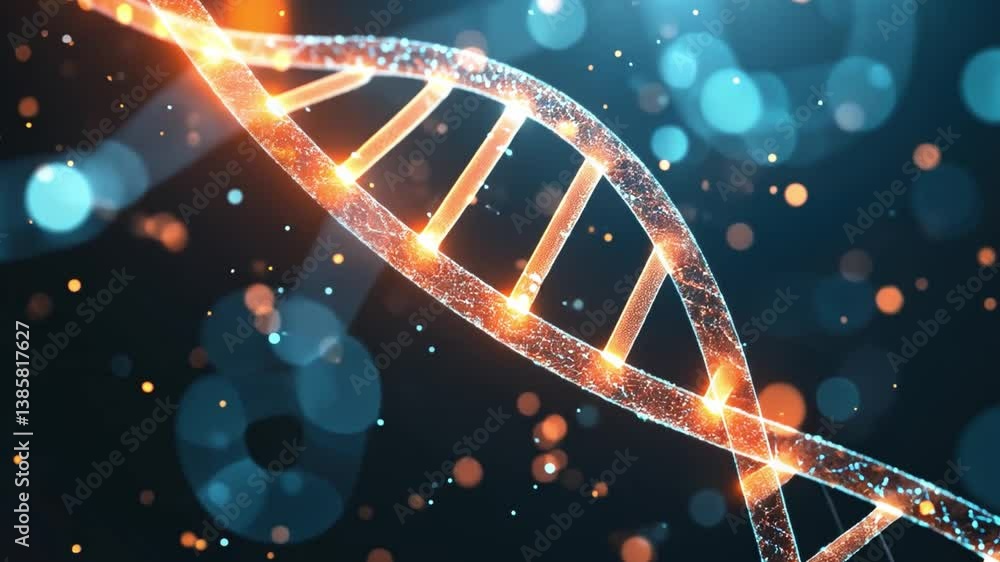 Poster abstract dna helix structure with colorful particles and bokeh effect in blue and orange tones, repr