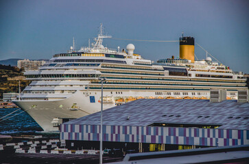 Family cruiseship or cruise ship Favolosa in Marseille Provence, France port on windy summer day...