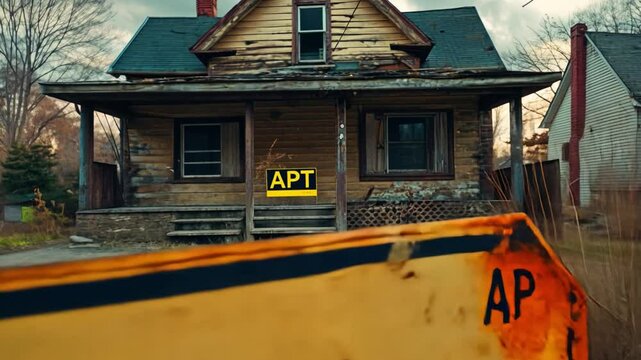 Abandoned House with APT Sign in Overgrown Area Surrounded by Trees and Grass Under Cloudy Sky in an Urban Environment