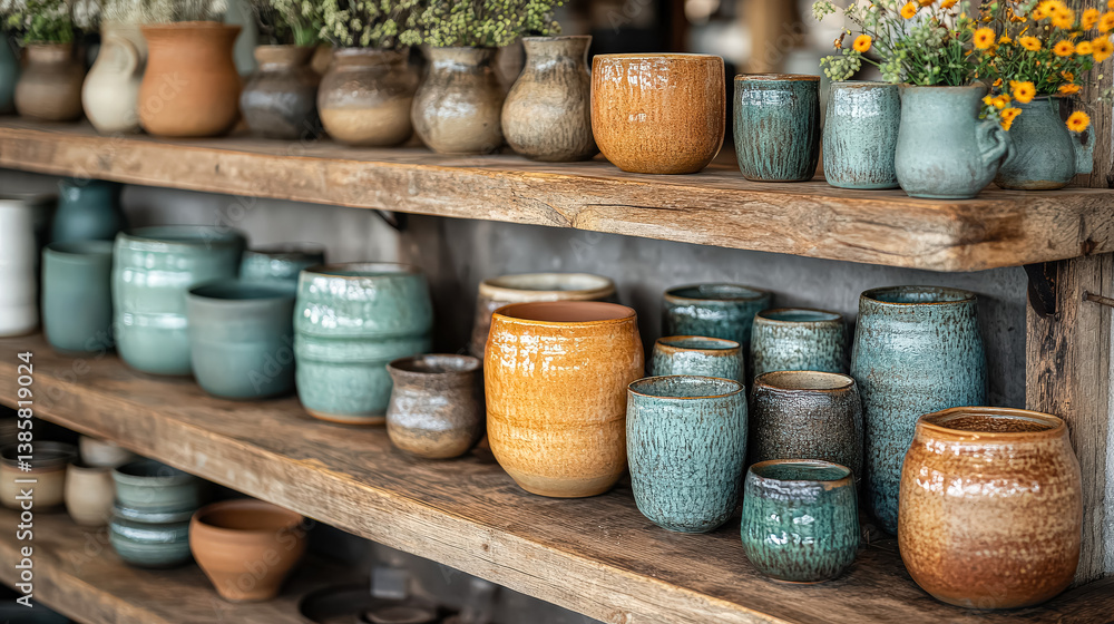 Poster shelf full of various colored ceramic pots and vases. the pots and vases are arranged in a way that 