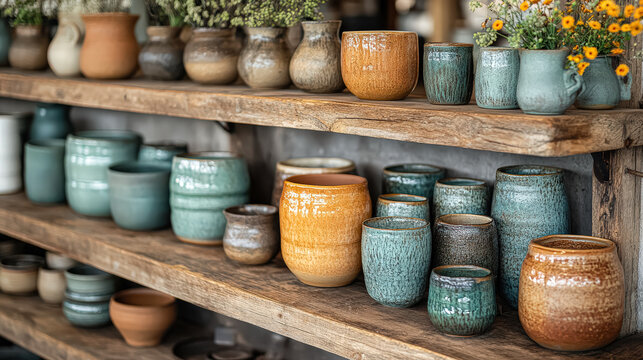 Shelf full of various colored ceramic pots and vases. The pots and vases are arranged in a way that creates a sense of depth and interest. The colors and shapes of the pots