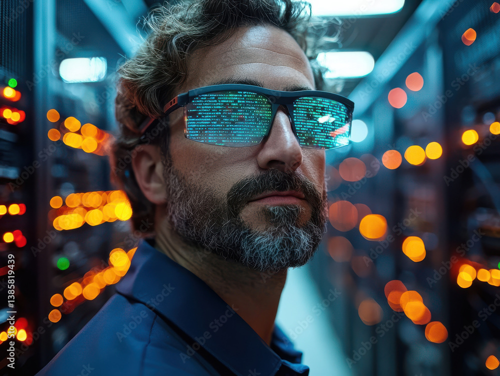 Poster high tech administrator in data center wearing smart glasses, monitoring web services