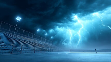 Obraz premium Stormy Night at the Stadium - Bleachers and a tennis court under a dramatic stormy sky with lightning. Dark and moody atmosphere