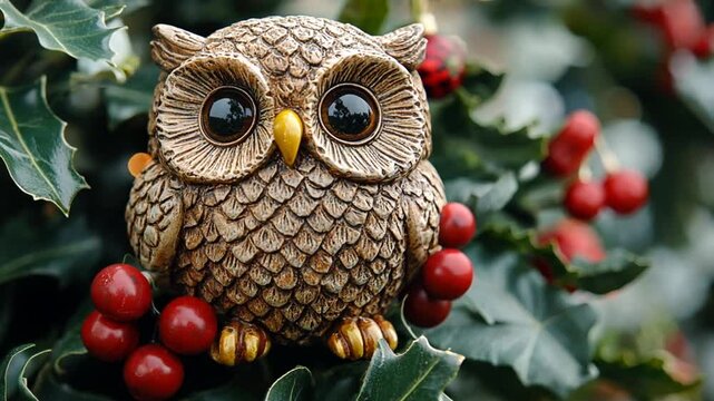 Cute owl figurine on holly bush, festive holiday decoration