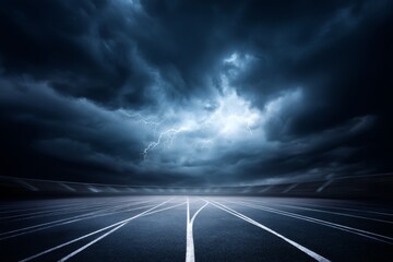 Stormy Road Ahead - Dramatic of a race track under a stormy sky with lightning. Perfect for concepts of challenge, perseverance, and overcoming adversity