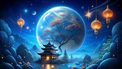 Obraz premium moon festival wallpaper with lantern light, earth, architecture, rock and star