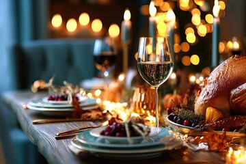 Rustic Table Setting in a Cozy Space with Elegant Decor and Soft Lighting for a Festive Dinner Celebration
