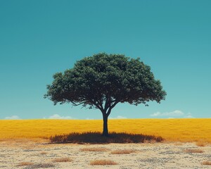 Solitary Tree in a Golden Field Under a Vivid Blue Sky