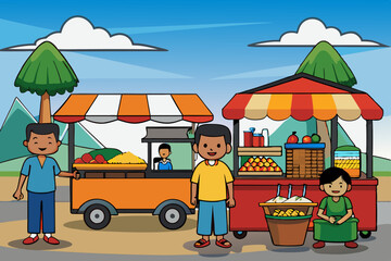 Street market scene in Southeast Asia, vector style