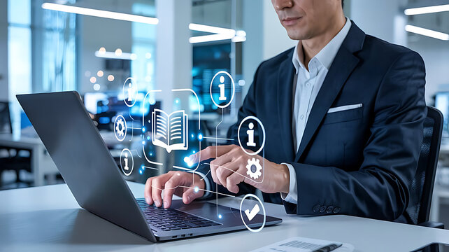 User manual guide,Businessman using laptop with user guide icon for business service