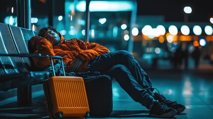 Exhausted Traveler Napping at Night Airport