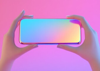 Hands holding holographic smartphone on pink background