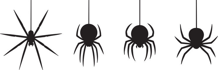 Four Silhouetted Spiders Hanging From Threads