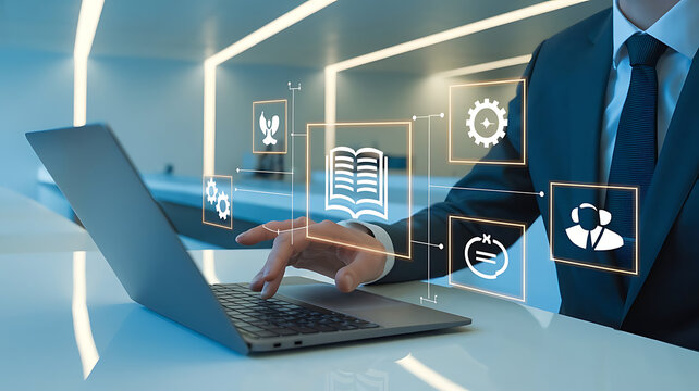User manual guide,Businessman using laptop with user guide icon for business service