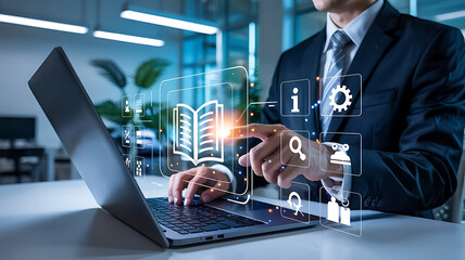 User manual guide,Businessman using laptop with user guide icon for business service