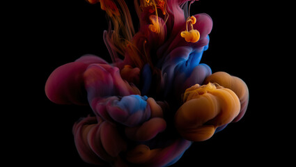 Dramatic multicolor ink cloud swirling in darkness with soft gradients