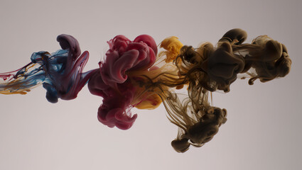 Flowing multicolor ink clouds merging in neutral space with soft gradients
