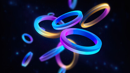 Glowing neon rings floating in deep space with vibrant blue and purple gradients