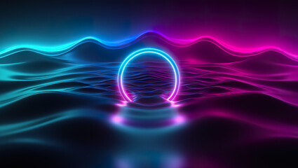 Glowing neon ring emerging over fluid waves in futuristic magenta landscape