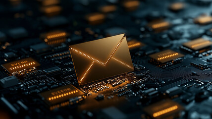 glowing envelope icon on circuit board, symbolizing digital communication and technology. intricate details of circuit enhance modern feel of image