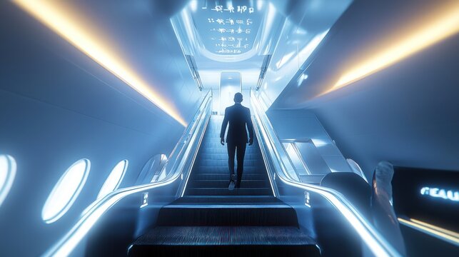 Futuristic Staircase: A Man Ascending into a Bright, Technologically Advanced Space