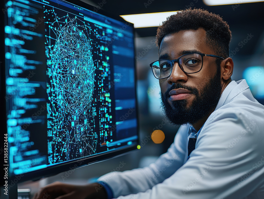 Poster innovative it specialist analyzing advanced data analytics on computer screen