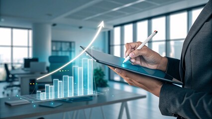 Business Growth Analysis: Professional Using Tablet with Digital Graph Interface in Modern Office