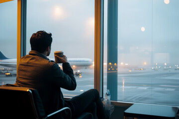 Businessman Drinking Coffee Watching Rainy Airport Scene