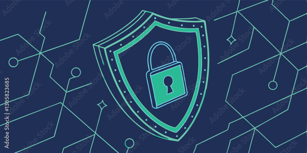 Poster digital security shield vector with lock and circuit design for protection