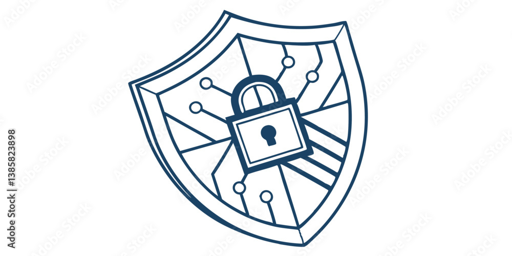Poster digital security shield vector with lock and circuit design for protection
