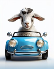 Niedliche kleine Ziege in einem blauen Auto