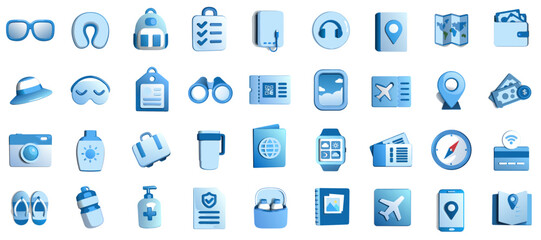 3d style Travel icons 36 pcs set in blue colors for navigation, adventure, and exploration concept 