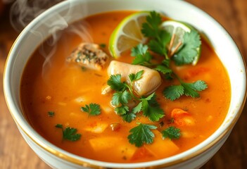 A steaming hot Tom Yum Soup in a creamy white bowl with a golden rim, garnished with cilantro and lime.