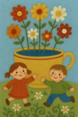 Whimsical illustration of two happy children playing near a giant yellow teacup filled with blooming flowers, evoking joy and imagination.