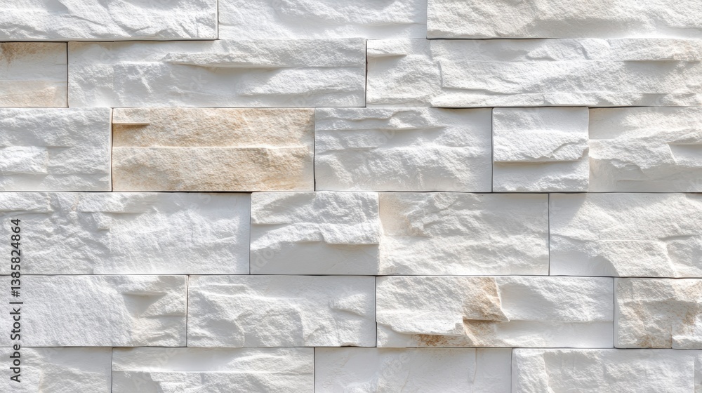 Poster white and beige stone wall texture. close-up view of a modern wall cladding with rough-hewn stone bl