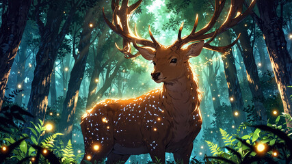 Enchanted Forest Stag: A Mystical Deer in a Firefly Lit Grove