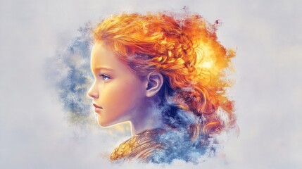 Fototapeta premium Chromolithographic Portrait of Cosmic Sun Warrior Queen with Iridescent Waves and Celestial Armor in Sepiatone Oil Painting Aesthetic