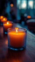 A Serene Evening: Glowing Candlelight on Wooden Table